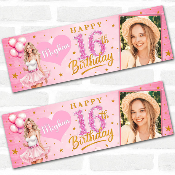 Personalised Party Banner For Kids Birthday Pink Blond Girl Balloons Photo