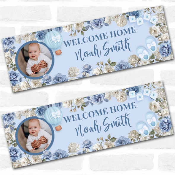 Personalised Party Banner For Christening Boy Photo Blue Flowers Cross