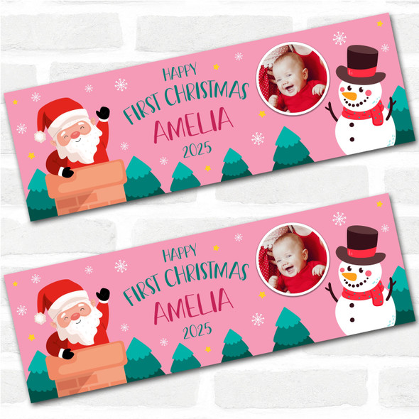 Personalised Party Banner For Christmas Photo First Christmas Pink Santa Snowman