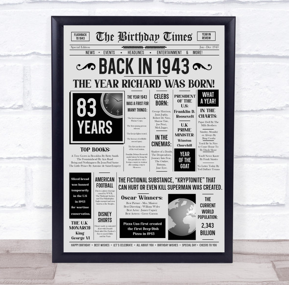 Born In 1943 Grey Newspaper Birthday Facts Any Year Any Age Personalised Print
