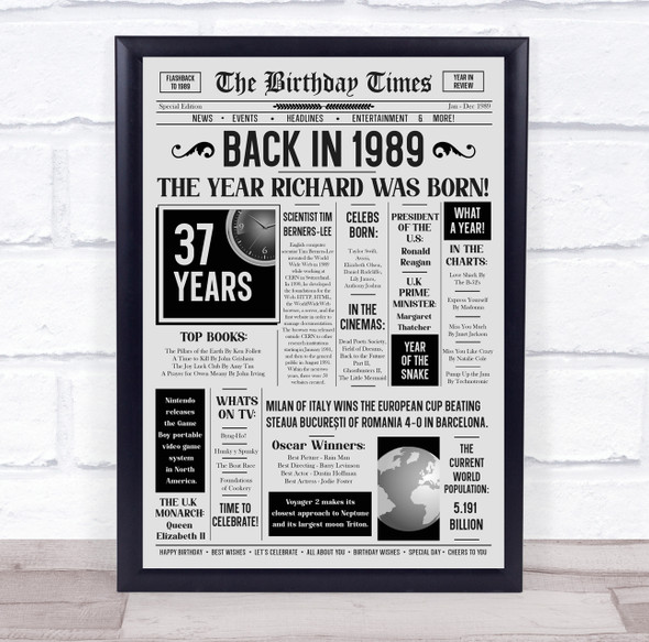 Born In 1989 Grey Newspaper Birthday Facts Any Year Any Age Personalised Print