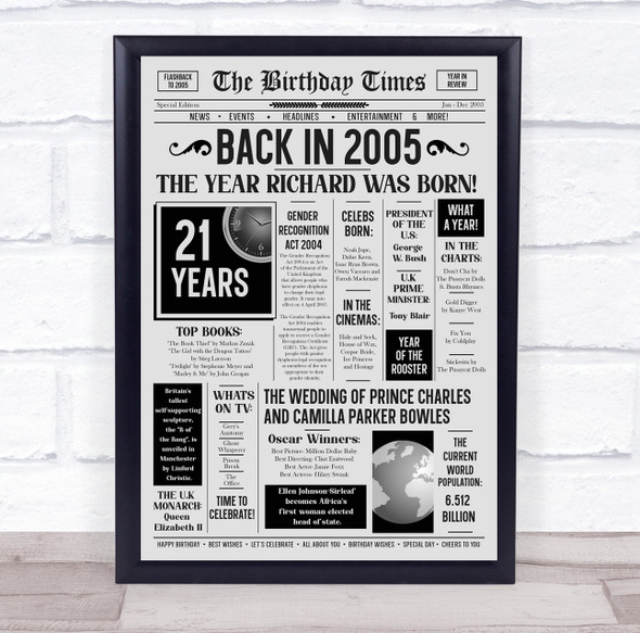 Born In 2005 Grey Newspaper Birthday Facts Any Year Any Age Personalised Print