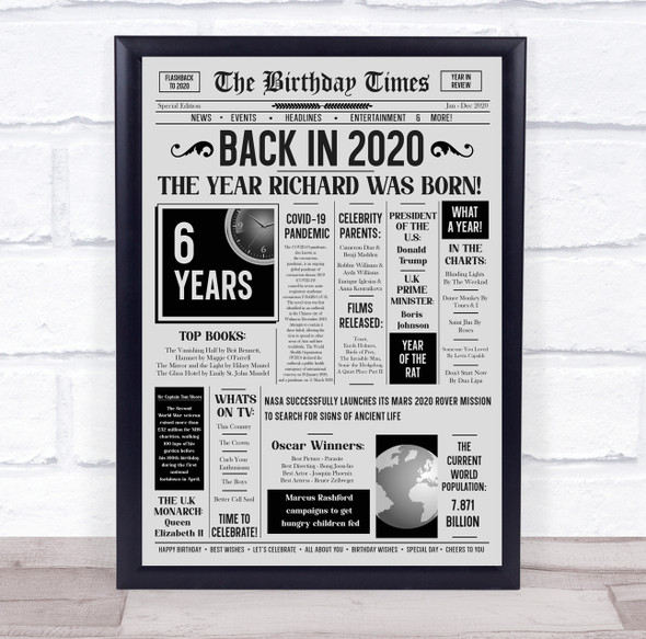Born In 2020 Grey Newspaper Birthday Facts Any Year Any Age Personalised Print