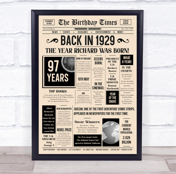Born In 1929 Newspaper Birthday Facts Any Year Any Age Personalised Print