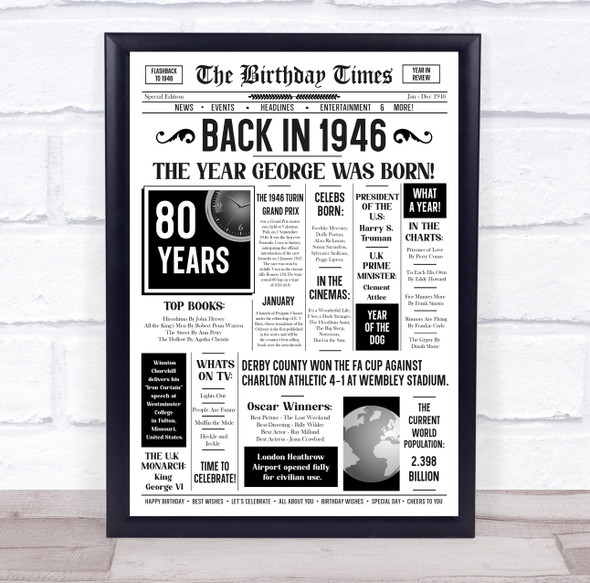 Born In 1946 White Newspaper Birthday Facts Any Year Any Age Personalised Print