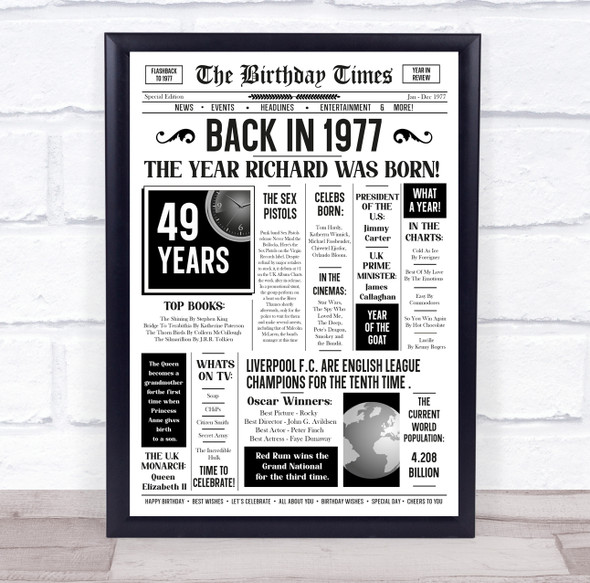 Born In 1977 White Newspaper Birthday Facts Any Year Any Age Personalised Print