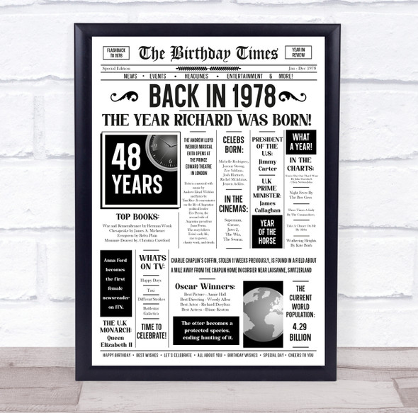 Born In 1978 White Newspaper Birthday Facts Any Year Any Age Personalised Print