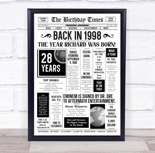 Born In 1998 White Newspaper Birthday Facts Any Year Any Age Personalised Print