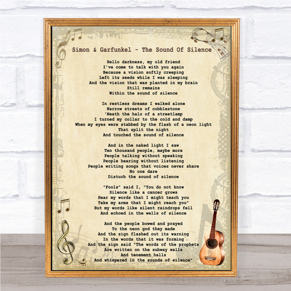 Simon & Garfunkel - The Sound Of Silence Song Lyric Guitar Quote Print