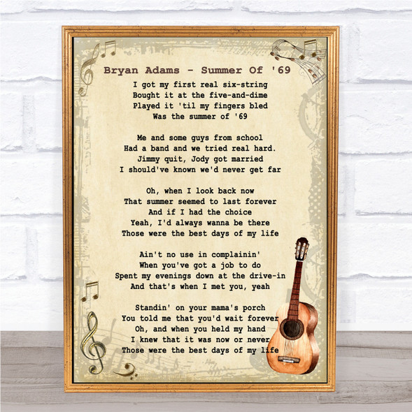 Bryan Adams Summer Of 69 Song Lyric Vintage Quote Print