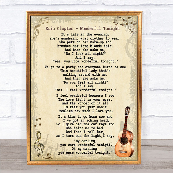 Eric Clapton Wonderful Tonight Song Lyric Vintage Quote Print