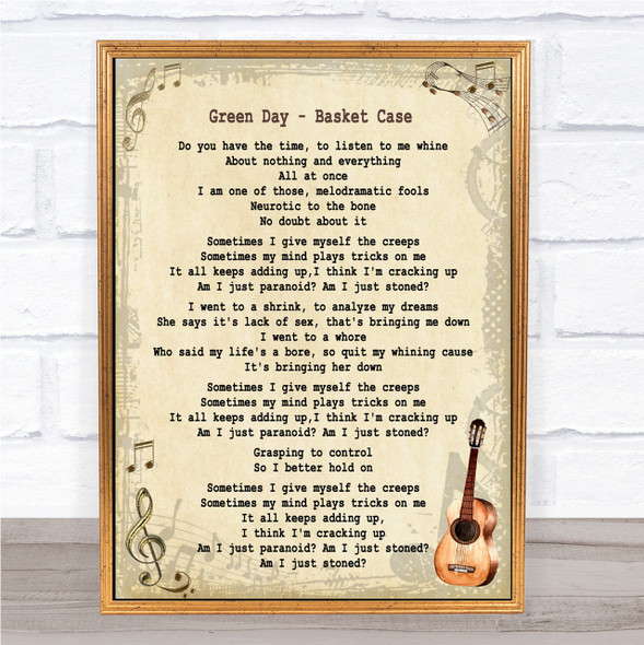 Green Day Basket Case Song Lyric Vintage Quote Print