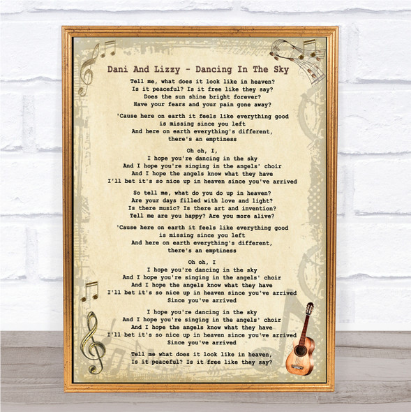 Dani And Lizzy Dancing In The Sky Vintage Guitar Song Lyric Quote Print