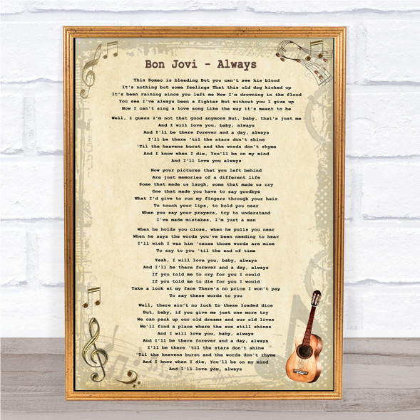 Bon Jovi Always Vintage Guitar Song Lyric Print
