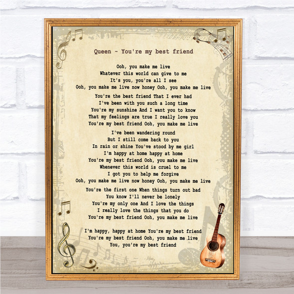 Queen You're My Best Friend Vintage Guitar Song Lyric Print