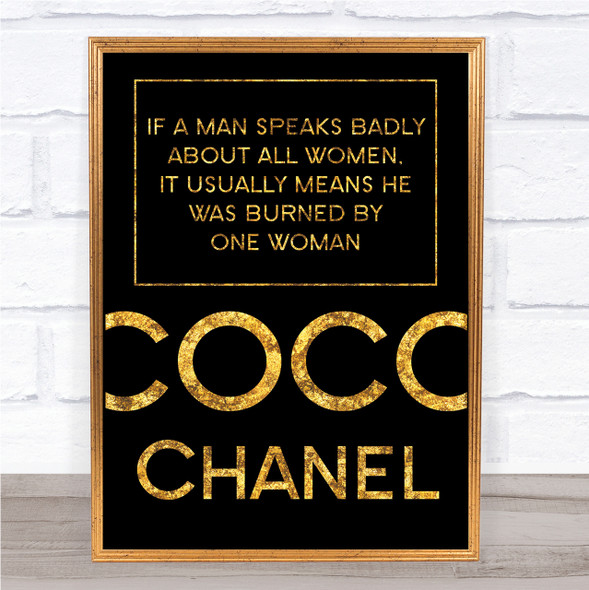 Black & Gold Coco Chanel Man Speaks Badly Quote Wall Art Print