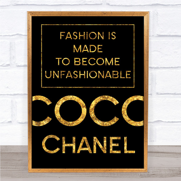 Black & Gold Coco Chanel Unfashionable Quote Wall Art Print
