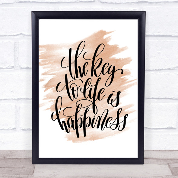 Key To Life Is Happiness Quote Print Watercolour Wall Art