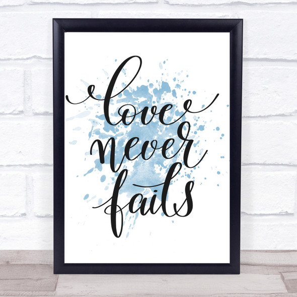 Love Never Fails Inspirational Quote Print Blue Watercolour Poster