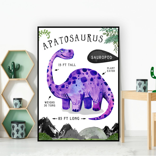 Apatosaurus Dinosaur Facts Children's Nursery Kids Wall Art Print