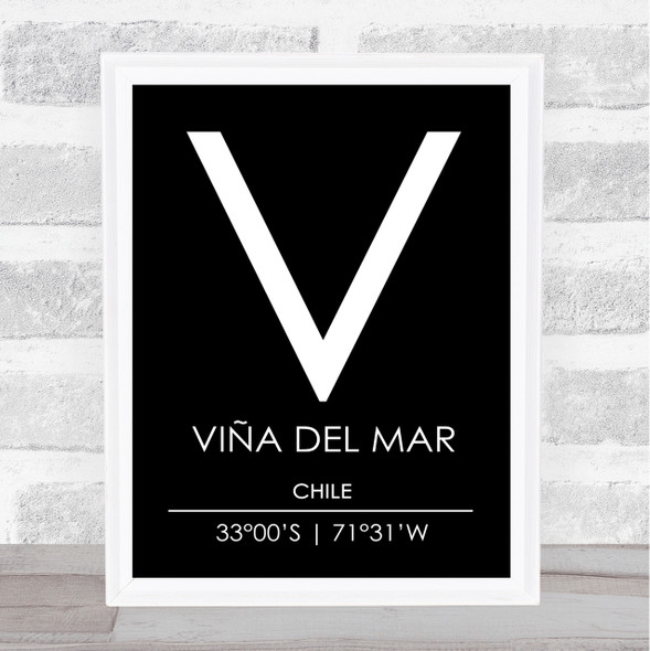 Vina Del Mar Chile Coordinates Black & White Travel Print