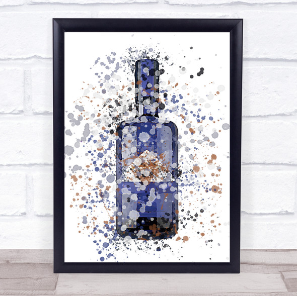 Watercolour Splatter Blue Dry Gin Bottle Wall Art Print