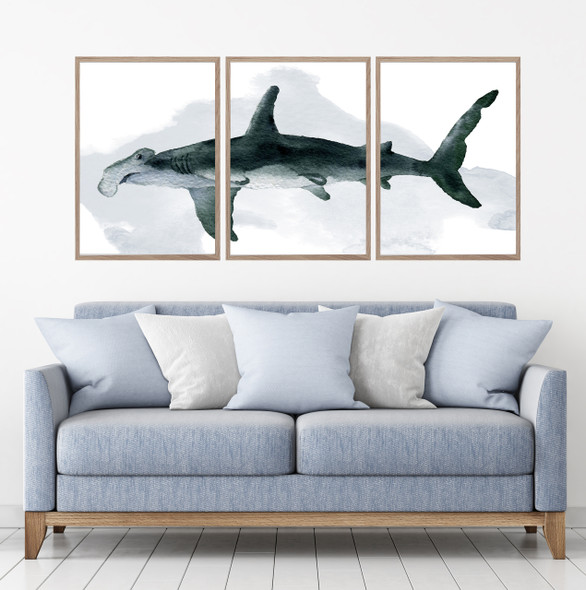 Hammerhead Shark Watercolour Set Of 3 Wall Art Home Decor Picture Framed Prints