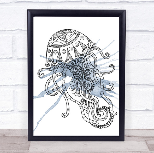 Ocean Scene Hand Drawn Watercolour Jellyfish Framed Wall Art Print
