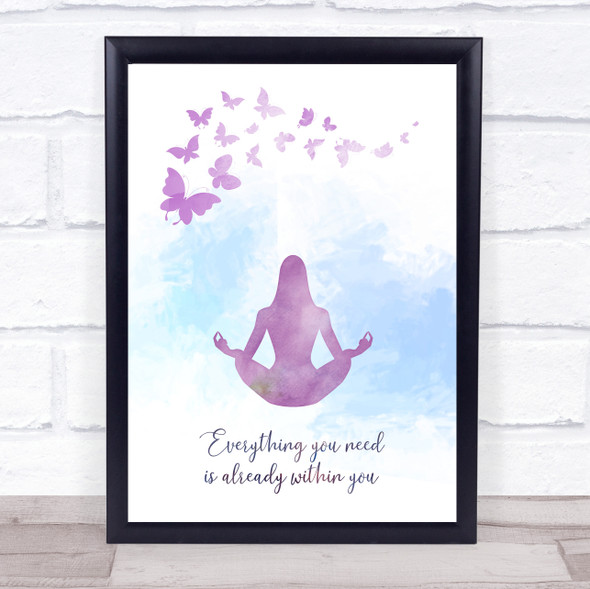 Yoga Beautiful Butterflies Watercolour Purple Quote Typography Wall Art Print