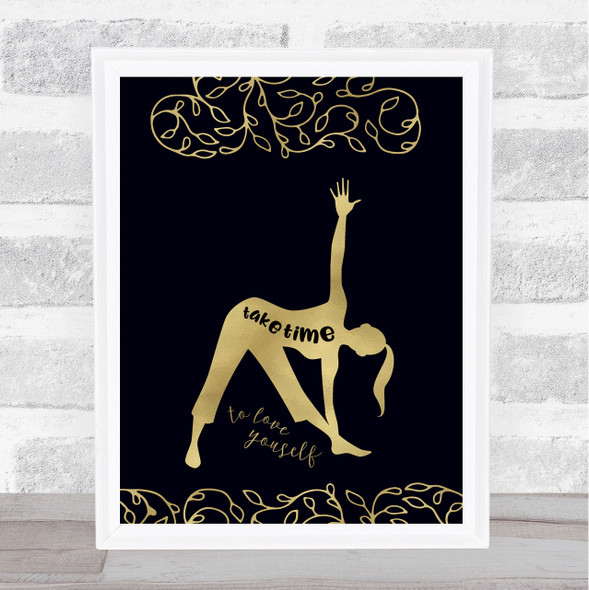 Yoga Quotes Silhouette & Beautiful Leaves Take Time Gold Black Typography Print