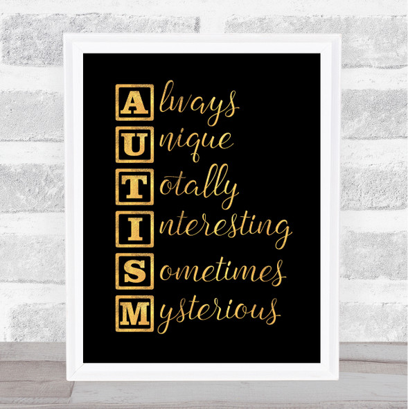 Autism Description Gold Black Quote Typography Wall Art Print