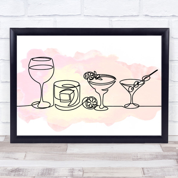 Watercolour Line Art Alcoholic Drinks Pinks Decorative Wall Art Print