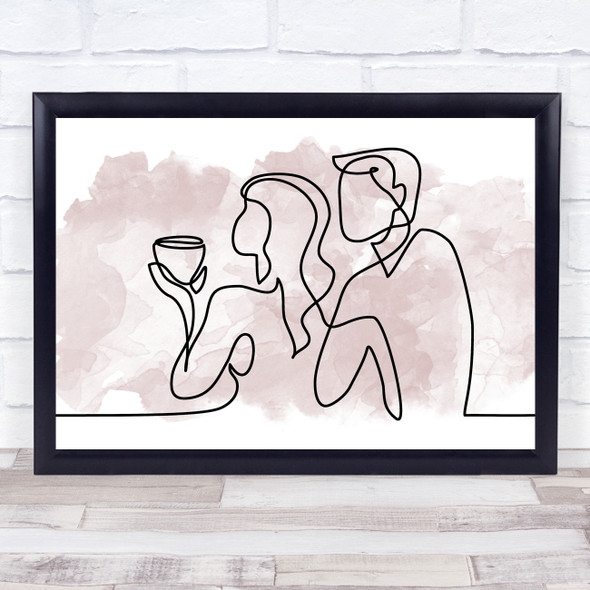 Watercolour Line Art Couple Drinking Wine Decorative Wall Art Print