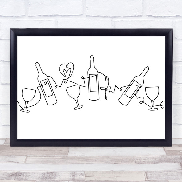 Black & White Line Art Wine And Glasses Decorative Wall Art Print