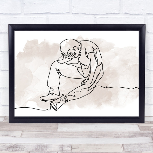 Watercolour Line Art Sad Depressed Man Decorative Wall Art Print