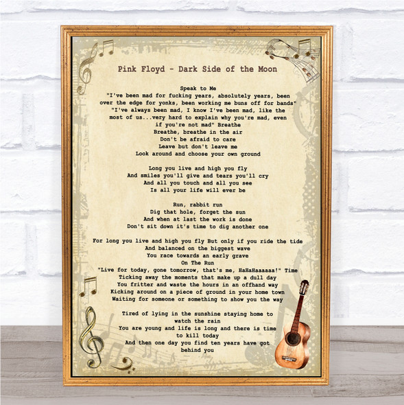 Pink Floyd Dark Side of the Moon Vintage Guitar Song Lyric Print