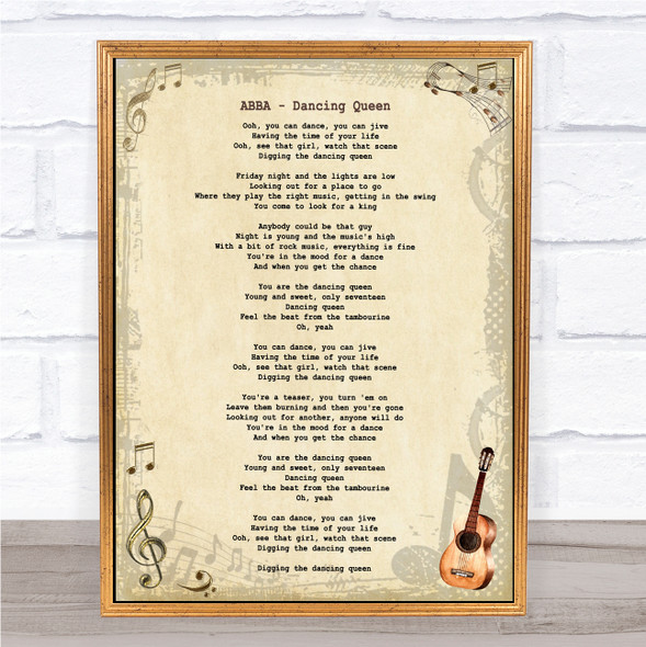 ABBA Dancing Queen Vintage Guitar Song Lyric Print