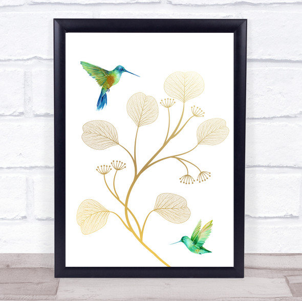 Blue Green Hummingbirds Gold Floral Wall Art Print