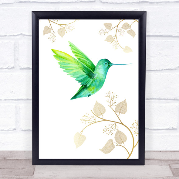 Green Turquoise Hummingbird Gold Floral Wall Art Print