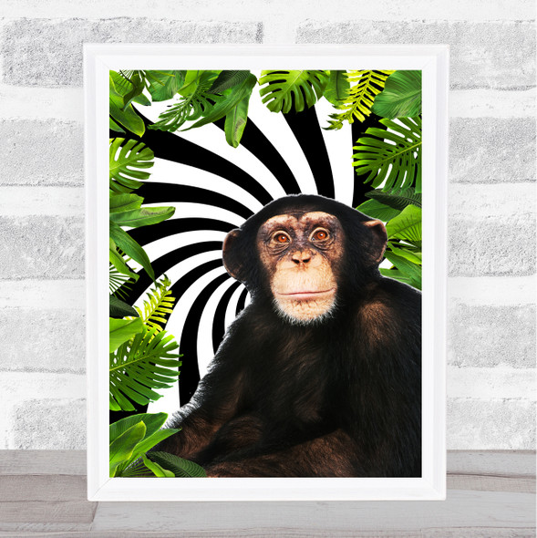 Jungle Leaves Black & White Swirl Monkey Wall Art Print