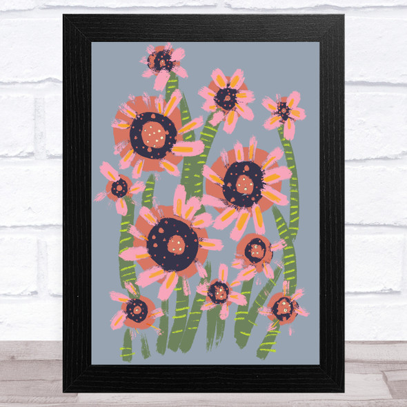 Hand Drawn Pink Green Abstract Flowers Wall Art Print