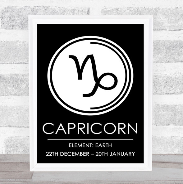 Zodiac Star Sign Black & White Symbol Capricorn Wall Art Print