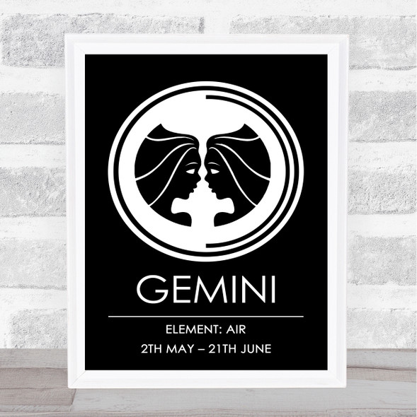 Zodiac Star Sign Black & White Element Gemini Wall Art Print