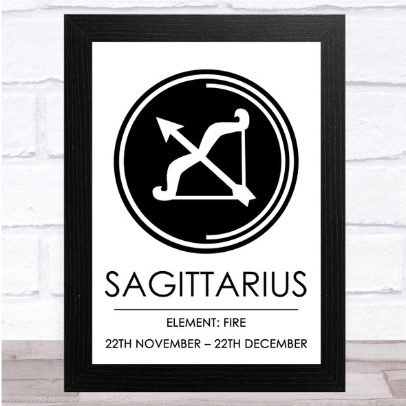 Zodiac Star Sign White & Black Element Sagittarius Wall Art Print