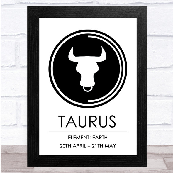 Zodiac Star Sign White & Black Element Taurus Wall Art Print