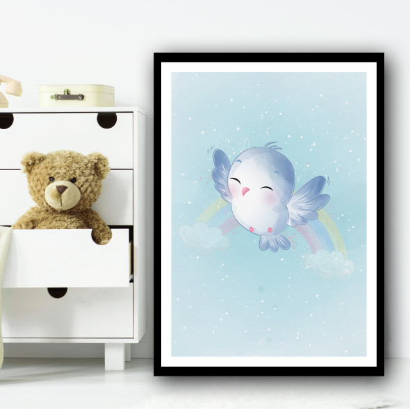 Cute Bird With Faded Rainbow Wall Art Print