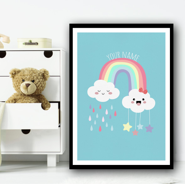 Rainbow With Two Clouds Cute Stars And Raindrops Personalised Wall Art Print