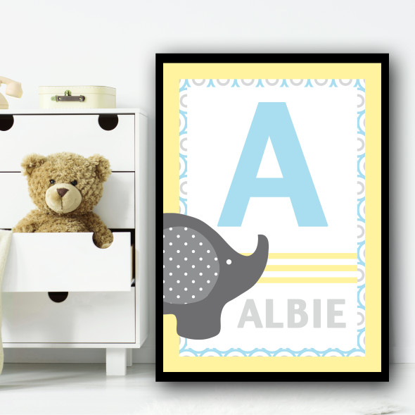 Baby Elephant Any Initial & Any Name Blue Grey Personalised Wall Art Print