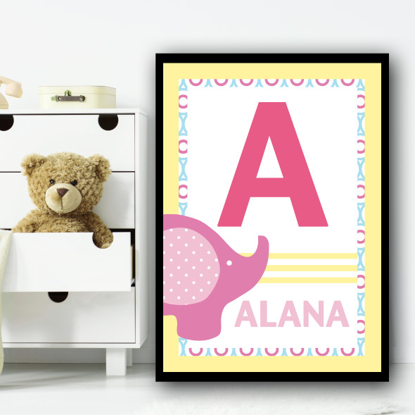 Baby Elephant Any Initial & Any Name Pink Personalised Wall Art Print