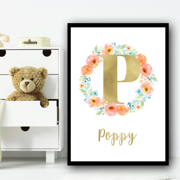 Peach Floral Wreath Gold Any Initial Any Name Personalised Wall Art Print